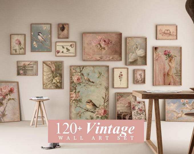 120+ French Country Gallery Wall Set, Pink Floral…