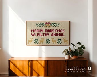 Christmas Quote Wall Art for Samsung Frame TV – Merry Christmas Ya Filthy Animal Knit Style Holiday Artwork, image 3