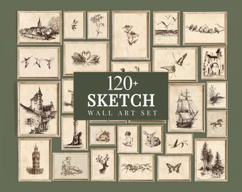 120+ Vintage Sketch Wall Art Set, Minimalist Sketch Print, Antique Sketches, European Sketch, Botanical Sketch, Portrait Sketch Gallery, image 1