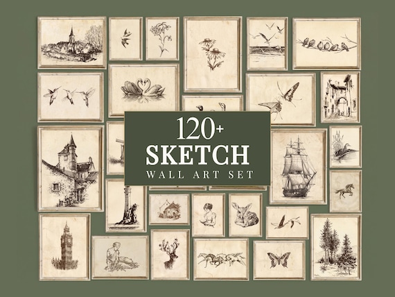 120+ Vintage Sketch Wall Art Set