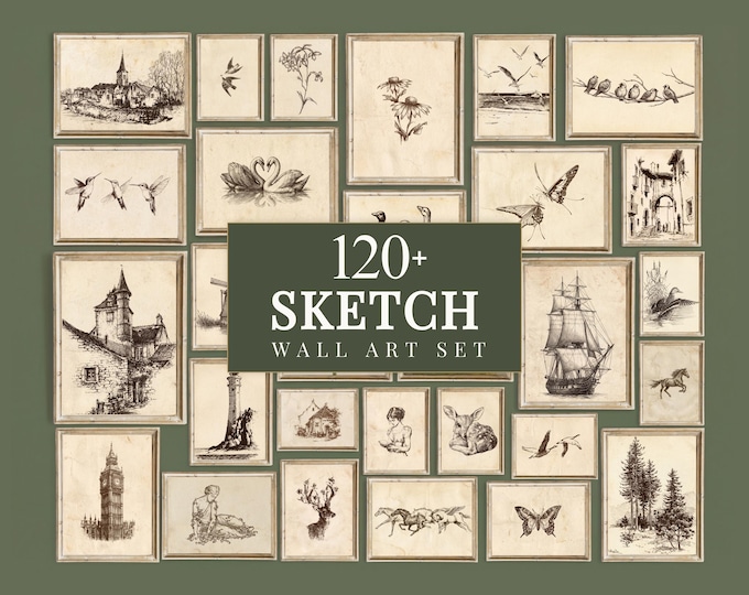 120+ Vintage Sketch Wall Art Set, Minimalist Sketch Print…