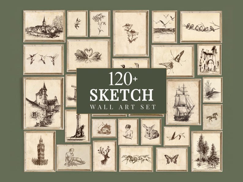 120+ Vintage Sketch Wall Art Set