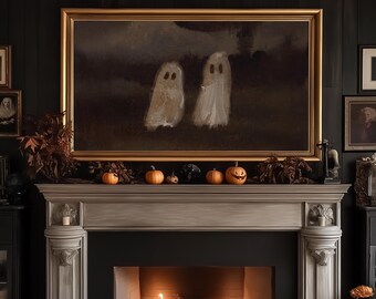 Halloween Frame TV Art, Two Ghosts Vintage Oil Painting, Moody Dark Academia Halloween Decor, Minimalist Ghost Art, Digital Download TV, image 4