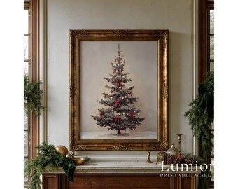 Vintage Christmas Tree Painting, Christmas Tree with Red Bows Print, Antique Holiday Wall Art, Printable Christmas Decor, Digital Download, image 4