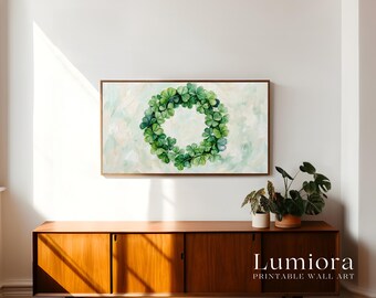 St. Patrick’s Day Samsung Frame TV Art, Lucky Clover Wreath TV Decor, Green Aesthetic Screen Art, Irish Holiday Background, 4K, image 3