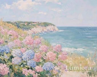 Coastal Hydrangea Samsung Frame TV Art, Summer Ocean Landscape Oil Painting, 4K, Sea Cliff Flower Decor, Aesthetic Beach Wall Art, image 7