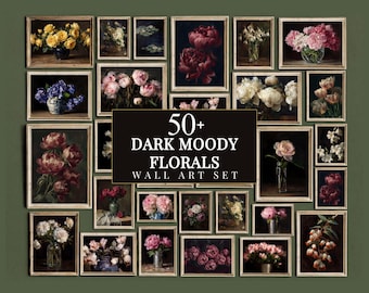 Más de 50 láminas florales con un toque melancólico, arte botánico oscuro, pared de galería floral, láminas florales vintage, láminas florales oscuras, galería floral con un toque melancólico