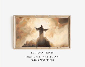 Jesus with Open Arms TV Art, Christ the Redeemer Christian Oil Painting, Ascension of Jesus Samsung Frame TV Art, Spiritual Faith Mountain, image 1