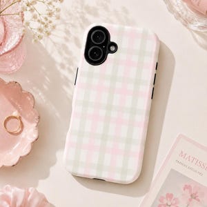 Pastel Pink & Sage Gingham Phone Case, Coquette Phone Cover, Plaid Case, iPhone 17 16 15 14 13 12 11 Pro Max, Samsung S25 S24 S23 S22 S21