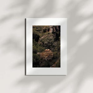Puede incluir: Una impresión artística enmarcada que presenta un paisaje natural. La imagen muestra a una persona descansando sobre una roca, rodeada de exuberante vegetación verde y formaciones rocosas. La impresión se presenta en un marco blanco, con sombras.
