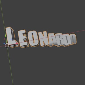 Puede incluir: Texto renderizado en 3D que dice "LEONARDO" en gris con un contorno naranja. El texto está ligeramente curvado y sobre un fondo gris oscuro. Las letras parecen flotar.