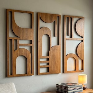Triptyque d'art mural Bauhaus | Décoration murale géométrique en bois