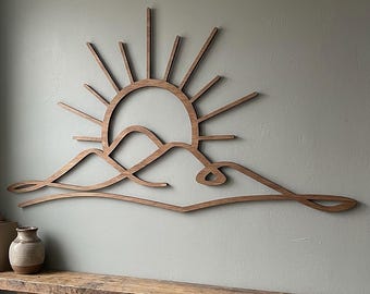 Wooden Sunset Wall Art | Sun Behind Mountains Boho Wall Hanging