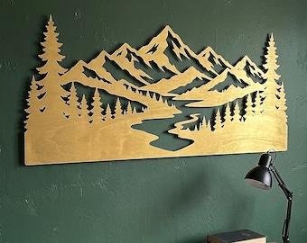 Gold Mountain Wall Art | Wooden Forest Landscape Decor | Cabin Wall Decor