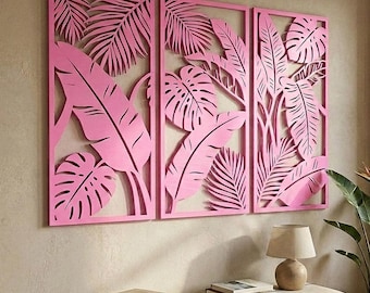 Roze palmblad muurkunst drieluik | Zacht bohobotanisch decor