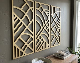 Gold Geometric Wall Art Triptych | Modern Wood Wall Decor