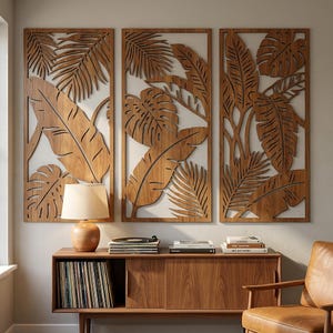 Tríptico de arte mural de hojas de palmera tropical / Decoración botánica en madera