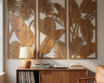 Tropical Palm Leaf Wall Art Triptych | Botanical Wood Decor
