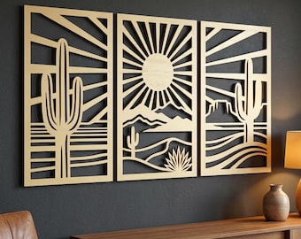 Southwestern Wall Art Triptych | Gold Desert Cactus Decor