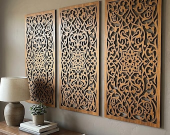 Ornamental Wall Art Triptych | Wooden Arabesque Wall Panels