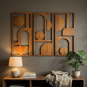 Tríptico de arte mural Bauhaus / Decoración de pared geométrica de madera