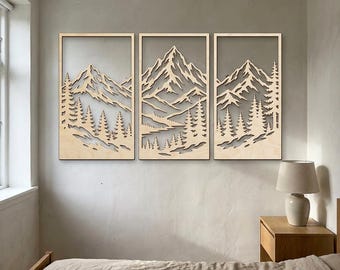 Mountain Wall Art Triptych | Japandi Wood Decor | Bedroom Wall Hanging