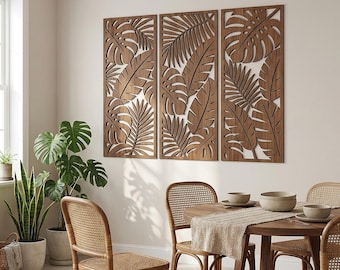 Tropical Leaf Wall Art Triptych | Botanical Wooden Wall Decor
