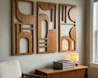 Bauhaus-wandkunstdrieluik | Geometrische houten wanddecoratie