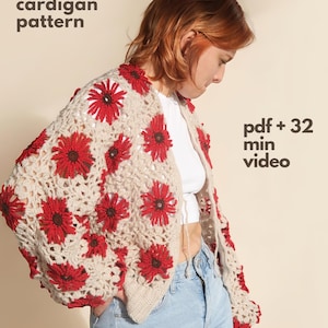 Patron de Cardigan au Crochet Floral PDF + Tutoriel Vidéo | Pull Flower Granny Square | Veste Motif Coquelicot | Débutant à Avancé