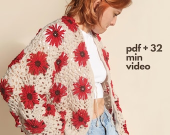 Modelo de Cardigã de Crochê | Suéter Floral Poppy Grandma Square (PDF + Tutorial em Vídeo)