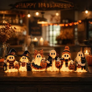 May include: A set of six illuminated ghost figurines arranged in a row. Each ghost features unique Halloween-themed accessories, including witch hats, scarves, pumpkins, black cats, and mugs with skull designs, all glowing with a warm light.
