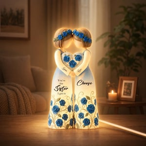 Pode incluir: Lâmpada decorativa com duas figuras abraçadas, segurando um coração adornado com rosas azuis. As figuras usam vestidos azuis e coroas de flores. O texto na lâmpada diz "You're the Sister I got to Choose".