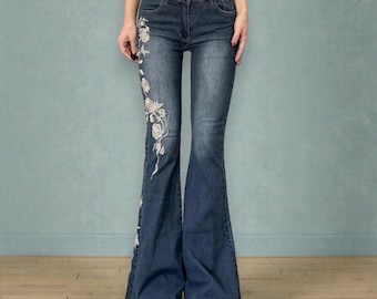 Women Embroidered Floral Jeans, Y2k Flared Flower Pants, Fashion Gift for Her