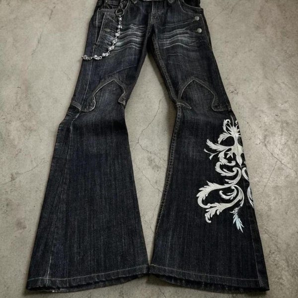 Gothic High Waist Pants, Embroidered Harajaku Jeans, Fashion Lovers Gift