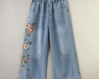 Pantalones vaqueros bordados con flores, estilo retro Y2K de pierna ancha, regalo para ella.