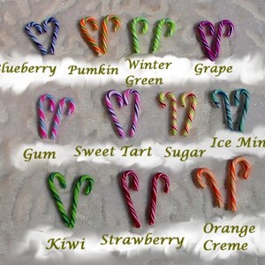 May include: Assortment of candy cane ornaments with different colors and flavors, including blueberry, pumpkin, winter green, grape, gum, sweet tart, sugar, ice mint, kiwi, strawberry, and orange creme.