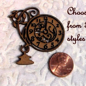 May include: A wooden clock face with a decorative design and Roman numerals. The clock is attached to a wooden stand with a floral design. Choose from 3 styles.