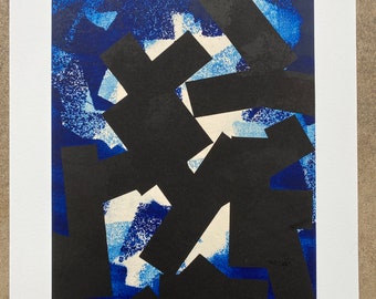 Lithographie. Art minimaliste. « Discording 2 » en noir, bleu, blanc + beige, sans cadre.