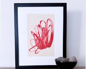Affordable gallery wall print, SolarPlate Etching Print . Red and White Home Decor: “Spindle”