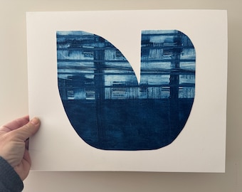 Blue and White Paper Collage Art Print, Textured Design (10.5" x 13")