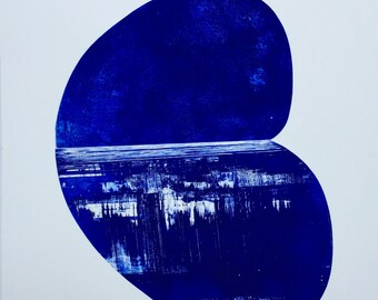 Etching Print . Geometric Art in ultramarine blue: Pool . Print Size 22" x 32" . Unframed .