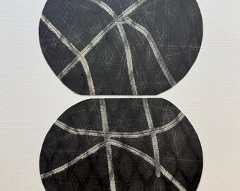 Black and Gray on gray Paper Collage Art Print, Oval Design (10.5" x 14")