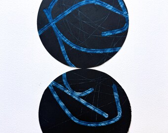 Black and blue on white Paper Collage Art Print, Circle Design (10.5" x 14")