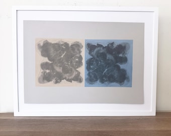 Etching Print . Diptych.  Pale yellow +  Blue + Charcoal abstract on Gray Paper, Lollies 2