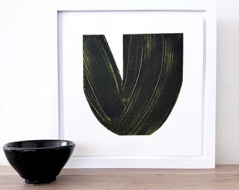 Art Prints . Minimalist Print in black, yellow and white printmaking: "Treading 2 ".  unframed .