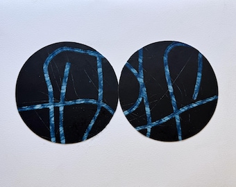 Black and blue on white Paper Collage Art Print, Circle Design (10.5" x 14")