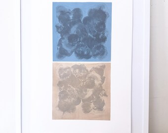 Etching Print . Diptych.  Pale yellow +  MidBlue + Charcoal abstract, Lollies 3Unframed