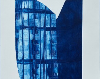 Large Art Print. Contemporary Etching . Abstract .Deep Blue and White: Plait " unframed
