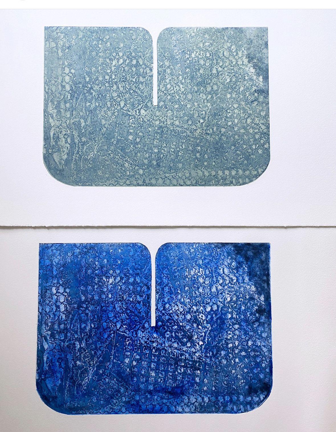 Blue Intaglio Print, Modernist Abstract Art, 