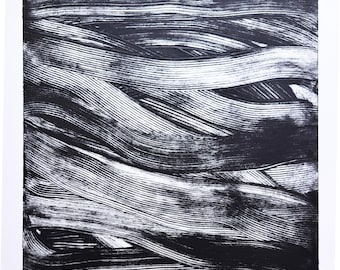 Art Prints . Minimalist Print in black and white printmaking: "Wading".  unframed .